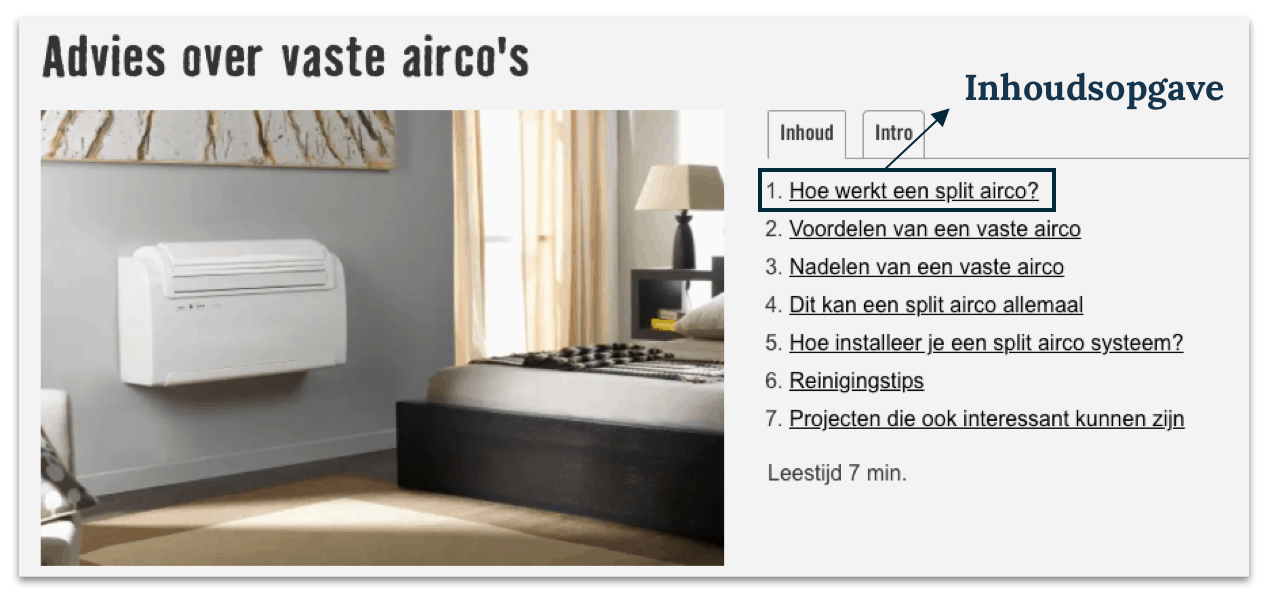 Sitelink voorbeeld inhoudsopgave