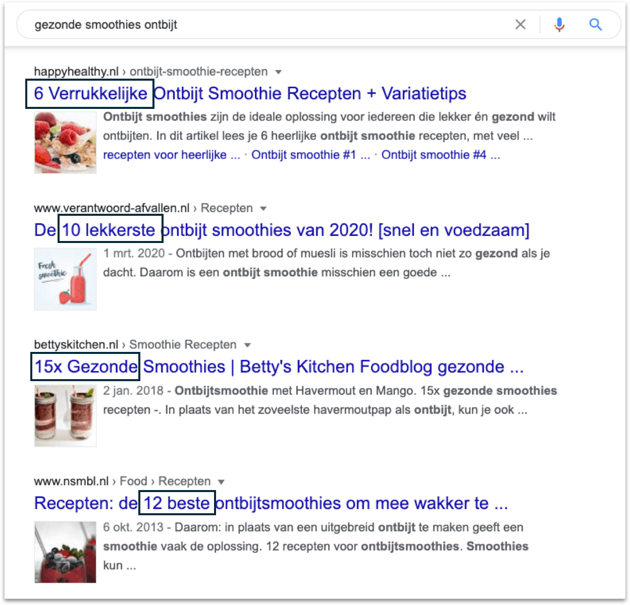 In dit voorbeeld zie je dat alle topposities recepten zijn. Het is dus niet aannemelijk dat je gaat ranken met een informatief blog over de voordelen van havermoutkoekjes. Google gaat er immers vanuit dat degene die de zoekopdracht uitvoert, op zoek is naar een recept.